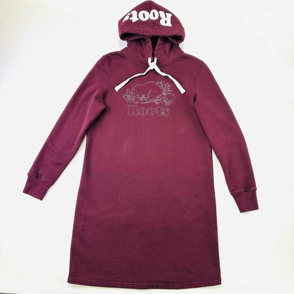 Roots Burgundy Beaver Logo Hoodie Dress Small Casual Athleisure Style
